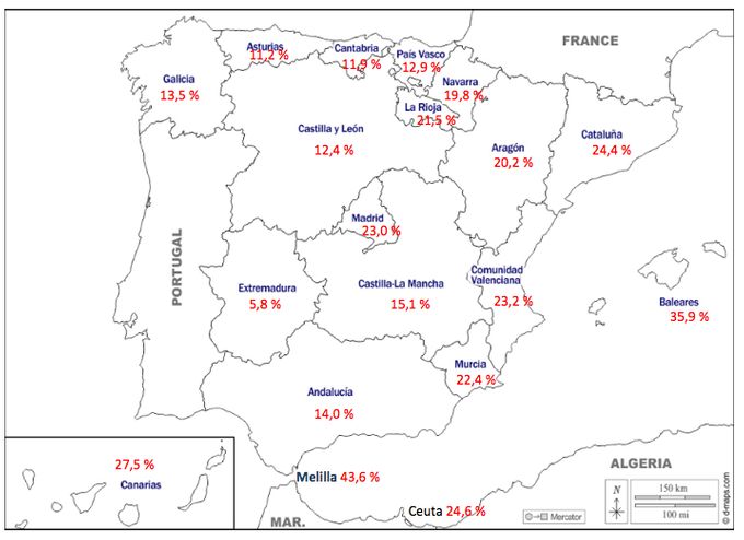 Pourcentage de personnes d’origine étrangère sur deux générations dans les communautés autonomes d’Espagne en 2020.
Source : Enquête continue auprès des ménages, Ine.
